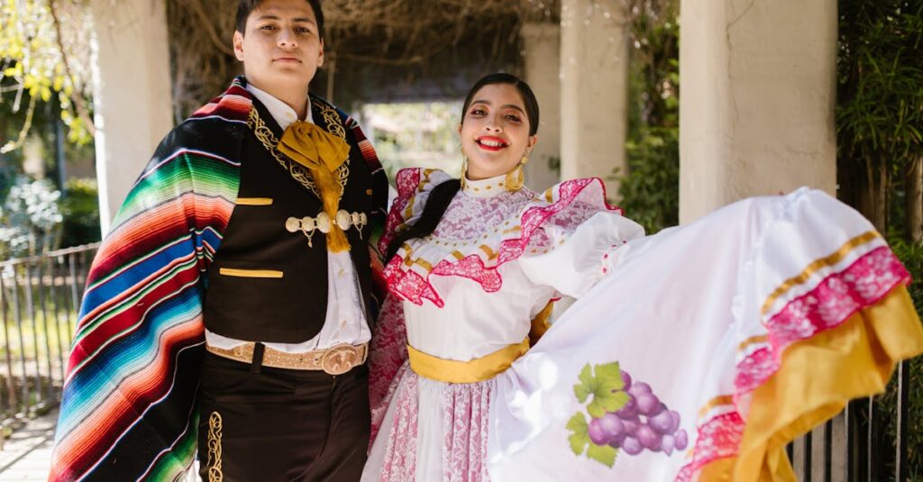 Mexican couple in traditional attire celebrating cultural heritage outdoors.