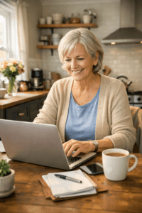 Smiling woman working at kitchen table