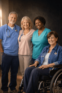 a group of 4 retired nurses from all backgrounds.