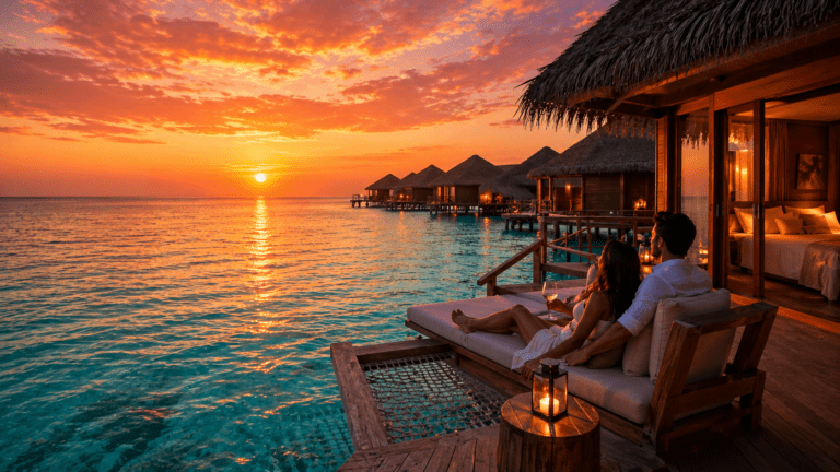 Luxury overwater bungalow in the Maldives at sunset with a couple relaxing on deck