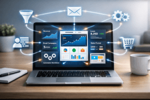 A laptop screen showing multiple marketing tools