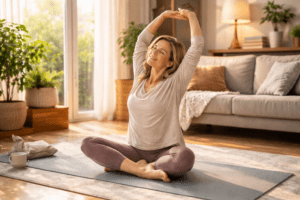 A mature woman doing gentle morning stretches on a yoga mat