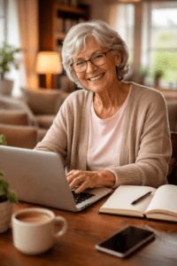Smiling woman working in cozy space