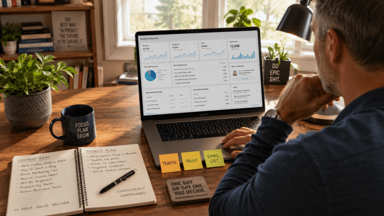 modern blogging workspace showing a mature entrepreneur building an online business from home.