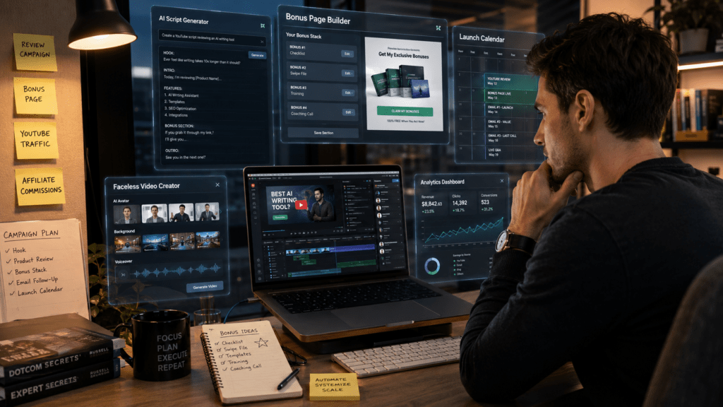 online entrepreneur building a product review campaign using AI tools.
