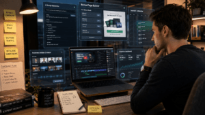 online entrepreneur building a product review campaign using AI tools.