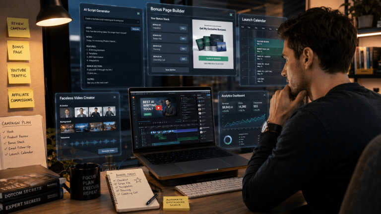 online entrepreneur building a product review campaign using AI tools.