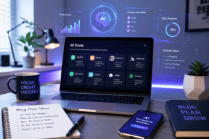 Modern workspace featuring a laptop displaying multiple AI tools