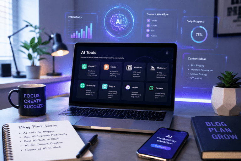 Modern workspace featuring a laptop displaying multiple AI tools