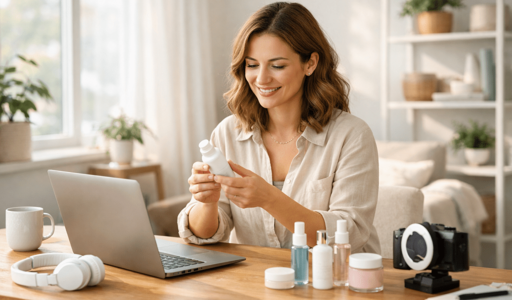 Inspecting skincare products in a cozy workspace